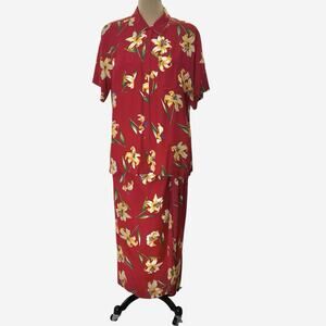 Chaus Sport Set Skirt Wrap Tie 12 Blouse 8 Red Rayon Tropical Floral Island Vtg